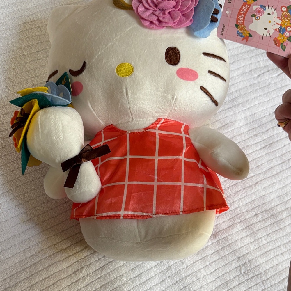 Hello Kitty Plush in Red Checkered Dress with Floral Accents